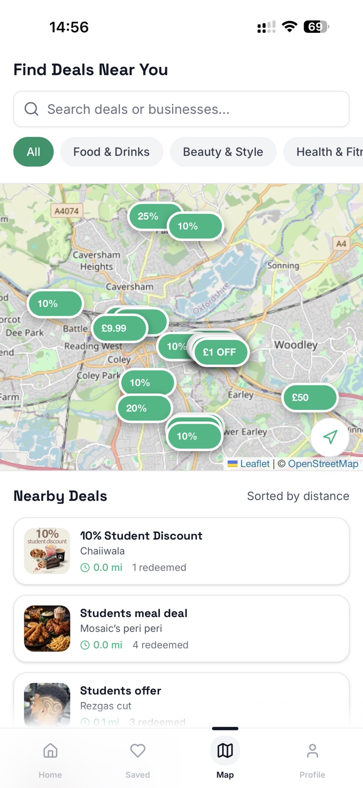 Actual Uniperksy app showing student offers across Reading
